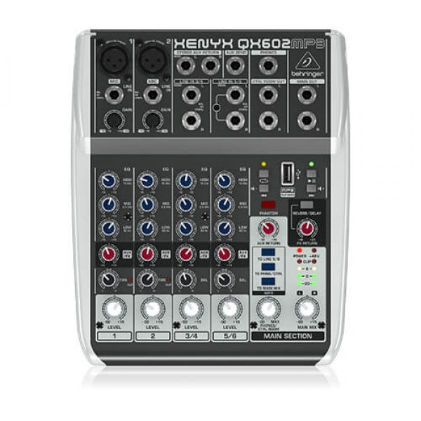 BEHRINGER QX602MP3 PREMIUM 6-INPUT 2-BUS MIXER WITH XENYX MIC PREAMPS, BRITISH EQS, MP3 PLAYER AND MULTI-FX